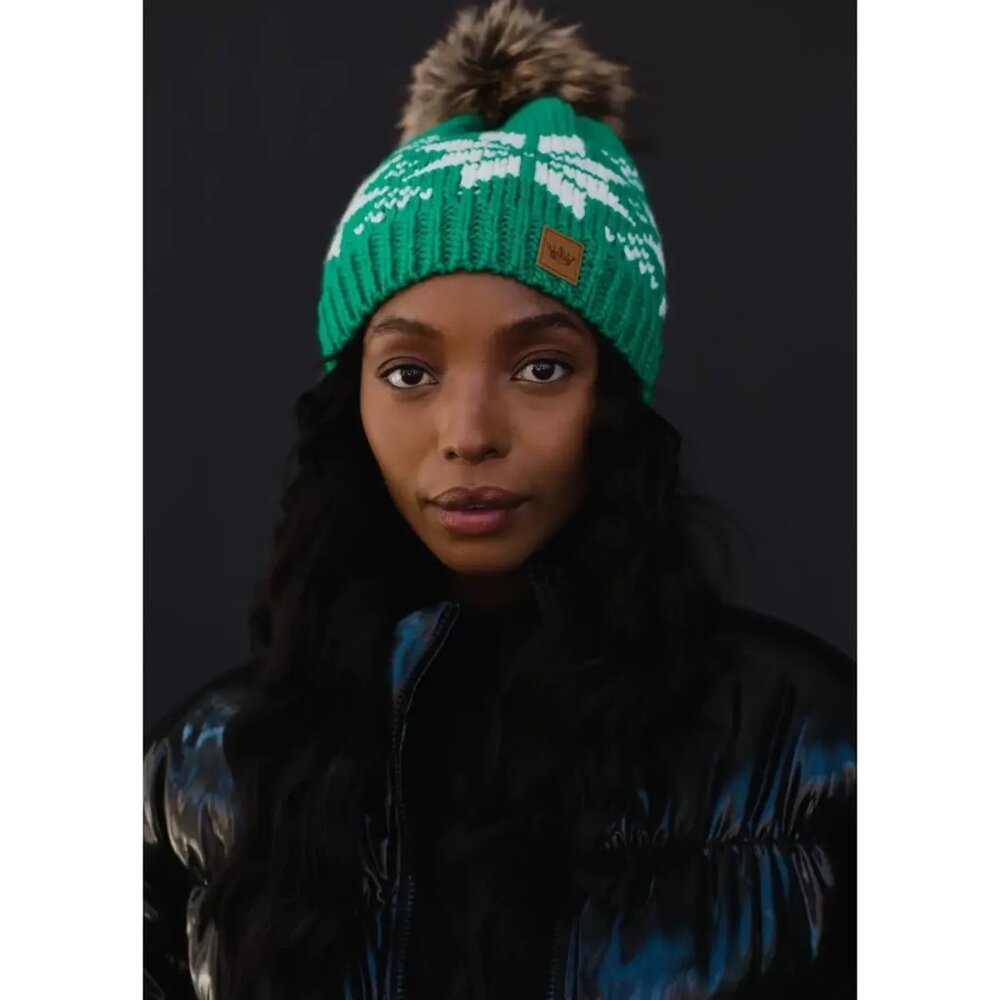 ($10) Pom Pom Hat - Green & White Snowflakes
